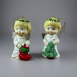 Pair Ceramic Angel Ornaments with Christmas Tree & Stocking ROC Taiwan QVC 1992